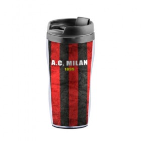 Термокружка-непроливайка с принтом A.C. Milan в городе Новоалтайск, внутренняя часть — пищевой пластик, наружная часть — прозрачный пластик, между ними — полиграфическая вставка с рисунком | объем — 350 мл, герметичная крышка | Тематика изображения на принте: болельщик | италия | клуб | милан | фанат | футбол | футболист