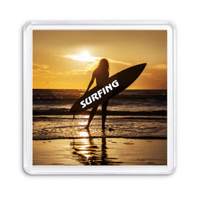 Магнит 55*55 с принтом Surfing в городе Новоалтайск, Пластик | Размер: 65*65 мм; Размер печати: 55*55 мм | волна | девушка | море | прикольные картинки | сёрфинг | солнце | спорт | экстрим