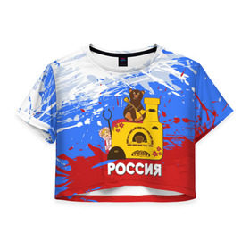 Женская футболка 3D укороченная с принтом Россия. Медведь. Балалайка в городе Новоалтайск, 100% полиэстер | круглая горловина, длина футболки до линии талии, рукава с отворотами | Тематика изображения на принте: матрешка | печька | россия. медведь. балалайка