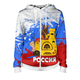 Женская толстовка 3D на молнии с принтом Россия. Медведь. Балалайка в городе Новоалтайск, 100% полиэстер | длина до линии бедра, манжеты и пояс оформлены мягкой тканевой резинкой, двухслойный капюшон со шнурком для регулировки, спереди молния, по бокам два кармана | Тематика изображения на принте: матрешка | печька | россия. медведь. балалайка