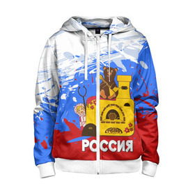 Детская толстовка 3D на молнии с принтом Россия. Медведь. Балалайка в городе Новоалтайск, 100% полиэстер |  манжеты и пояс оформлены широкой мягкой резинкой, двухслойный капюшон со шнурком для регулировки, спереди карманы и застежка-молния
 | матрешка | печька | россия. медведь. балалайка