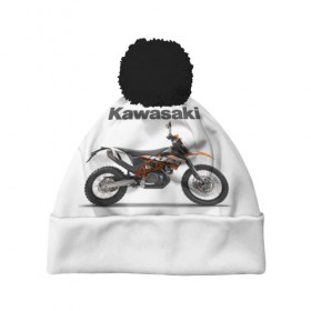 Шапка 3D c помпоном с принтом Kawasaky Enduro в городе Новоалтайск, 100% полиэстер | универсальный размер, печать по всей поверхности изделия | kawasaky