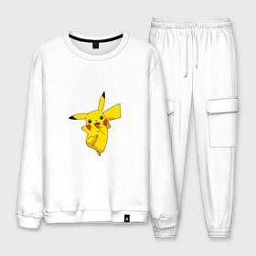 Мужской костюм хлопок с принтом Pikachu Smile в городе Новоалтайск, 100% хлопок | на свитшоте круглая горловина, мягкая резинка по низу. Брюки заужены к низу, на них два вида карманов: два “обычных” по бокам и два объемных, с клапанами, расположенные ниже линии бедра. Брюки с мягкой трикотажной резинкой на поясе и по низу штанин. В поясе для дополнительного комфорта — широкие завязки | Тематика изображения на принте: пикачу | покемон