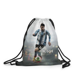 Рюкзак-мешок 3D с принтом Leo Messi в городе Новоалтайск, 100% полиэстер | плотность ткани — 200 г/м2, размер — 35 х 45 см; лямки — толстые шнурки, застежка на шнуровке, без карманов и подкладки | Тематика изображения на принте: barselona | messi | аргентина | барселона | месси | мяч | футбол