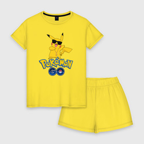 Женская пижама с шортиками хлопок с принтом Pokemon GO в городе Новоалтайск, 100% хлопок | футболка прямого кроя, шорты свободные с широкой мягкой резинкой | pikachu | pokeball | доллар | золото | пикачу | покеболл | покемон