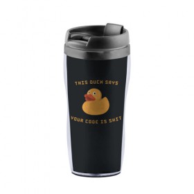 Термокружка-непроливайка с принтом Duck says в городе Новоалтайск, внутренняя часть — пищевой пластик, наружная часть — прозрачный пластик, между ними — полиграфическая вставка с рисунком | объем — 350 мл, герметичная крышка | Тематика изображения на принте: code | it | код | программист | разработчик