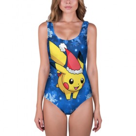 Купальник-боди 3D с принтом Pikachu в городе Новоалтайск, 82% полиэстер, 18% эластан | Круглая горловина, круглый вырез на спине | pikachu | pokeboll | pokemon | зима | новый год | пикачу | покеболл | покемон | снежинки