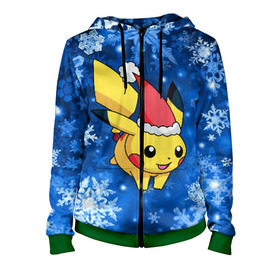Женская толстовка 3D на молнии с принтом Pikachu в городе Новоалтайск, 100% полиэстер | длина до линии бедра, манжеты и пояс оформлены мягкой тканевой резинкой, двухслойный капюшон со шнурком для регулировки, спереди молния, по бокам два кармана | pikachu | pokeboll | pokemon | зима | новый год | пикачу | покеболл | покемон | снежинки