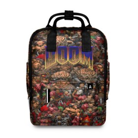 Женский рюкзак 3D с принтом Doom. Все монстры (pixel art) в городе Новоалтайск, 100% полиэстер | лямки с регулируемой длиной, сверху ручки, чтобы рюкзак нести как сумку. Основное отделение закрывается на молнию, как и внешний карман. Внутри два дополнительных кармана, один из которых закрывается на молнию. По бокам два дополнительных кармашка, куда поместится маленькая бутылочка
 | 