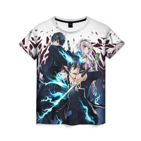 Женская футболка 3D с принтом Blue Exorcist в городе Новоалтайск, 100% полиэфир ( синтетическое хлопкоподобное полотно) | прямой крой, круглый вырез горловины, длина до линии бедер | anime | ao no exorcist | blue exorcist | аниме | синий экзорцист | экзорцист
