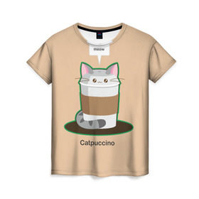 Женская футболка 3D с принтом Catpuccino в городе Новоалтайск, 100% полиэфир ( синтетическое хлопкоподобное полотно) | прямой крой, круглый вырез горловины, длина до линии бедер | capuccino | cat | catpuccino | meow | капуччино | кот | котпуччино | кофе | мяу | стакан