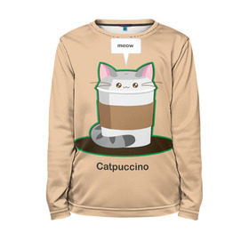 Детский лонгслив 3D с принтом Catpuccino в городе Новоалтайск, 100% полиэстер | длинные рукава, круглый вырез горловины, полуприлегающий силуэт
 | capuccino | cat | catpuccino | meow | капуччино | кот | котпуччино | кофе | мяу | стакан
