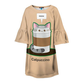 Детское платье 3D с принтом Catpuccino в городе Новоалтайск, 100% полиэстер | прямой силуэт, чуть расширенный к низу. Круглая горловина, на рукавах — воланы | capuccino | cat | catpuccino | meow | капуччино | кот | котпуччино | кофе | мяу | стакан