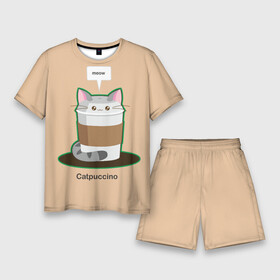 Мужской костюм с шортами 3D с принтом Catpuccino в городе Новоалтайск,  |  | capuccino | cat | catpuccino | meow | капуччино | кот | котпуччино | кофе | мяу | стакан