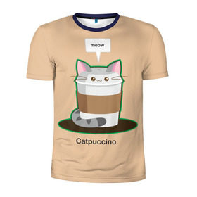 Мужская футболка 3D спортивная с принтом Catpuccino в городе Новоалтайск, 100% полиэстер с улучшенными характеристиками | приталенный силуэт, круглая горловина, широкие плечи, сужается к линии бедра | capuccino | cat | catpuccino | meow | капуччино | кот | котпуччино | кофе | мяу | стакан