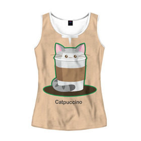 Женская майка 3D с принтом Catpuccino в городе Новоалтайск, 100% полиэстер | круглая горловина, прямой силуэт, длина до линии бедра | capuccino | cat | catpuccino | meow | капуччино | кот | котпуччино | кофе | мяу | стакан