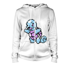 Женская толстовка 3D на молнии с принтом Squirtle (pokemon) в городе Новоалтайск, 100% полиэстер | длина до линии бедра, манжеты и пояс оформлены мягкой тканевой резинкой, двухслойный капюшон со шнурком для регулировки, спереди молния, по бокам два кармана | squirtle | пиксели | покемоны | рokemon | сквиртл