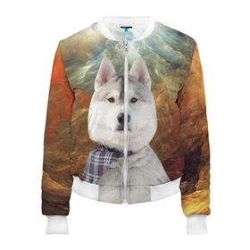 Женский бомбер 3D с принтом Хаски в городе Новоалтайск, 100% полиэстер | застегивается на молнию, по бокам два кармана без застежек, мягкие манжеты, по низу бомбера и на воротнике — эластичная резинка | маламут | песик | собака | собаки | собачка | хаски