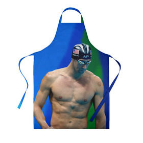 Фартук 3D с принтом Michael Phelps в городе Новоалтайск, 100% полиэстер | общий размер — 65 х 85 см, ширина нагрудника — 26 см, горловина — 53 см, длина завязок — 54 см, общий обхват в поясе — 173 см. Принт на завязках и на горловине наносится с двух сторон, на основной части фартука — только с внешней стороны | бассейн | пловец | чемпион. фелепс