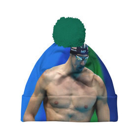 Шапка 3D c помпоном с принтом Michael Phelps в городе Новоалтайск, 100% полиэстер | универсальный размер, печать по всей поверхности изделия | бассейн | пловец | чемпион. фелепс