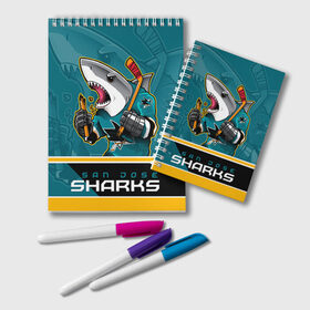 Блокнот с принтом San Jose Sharks в городе Новоалтайск, 100% бумага | 48 листов, плотность листов — 60 г/м2, плотность картонной обложки — 250 г/м2. Листы скреплены удобной пружинной спиралью. Цвет линий — светло-серый
 | Тематика изображения на принте: nhl | san jose sharks | sharks | stanley cup | кубок стенли | кубок стэнли | нхл | сан хосе | сан хосе шаркс | хоккей | хоккейный клуб | шаркс