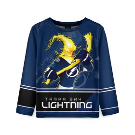 Детский лонгслив 3D с принтом Bay Lightning в городе Новоалтайск, 100% полиэстер | длинные рукава, круглый вырез горловины, полуприлегающий силуэт
 | Тематика изображения на принте: nhl | stanley cup | tampa bay lightning | ампа бэй лайтнинг | василевский | кубок стенли | кубок стэнли | кучеров | наместников | нестеров | нхл | тампа бэй | хоккей | хоккейный клуб