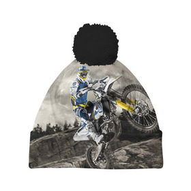 Шапка 3D c помпоном с принтом husqvarna в городе Новоалтайск, 100% полиэстер | универсальный размер, печать по всей поверхности изделия | husqvarna
