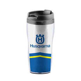 Термокружка-непроливайка с принтом husqvarna в городе Новоалтайск, внутренняя часть — пищевой пластик, наружная часть — прозрачный пластик, между ними — полиграфическая вставка с рисунком | объем — 350 мл, герметичная крышка | Тематика изображения на принте: husqvarna
