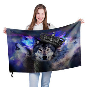 Флаг 3D с принтом King Wolf в городе Новоалтайск, 100% полиэстер | плотность ткани — 95 г/м2, размер — 67 х 109 см. Принт наносится с одной стороны | животное | зверь | космос | природа волк | русь | славяне