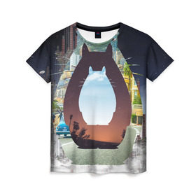 Женская футболка 3D с принтом Totoro в городе Новоалтайск, 100% полиэфир ( синтетическое хлопкоподобное полотно) | прямой крой, круглый вырез горловины, длина до линии бедер | мой сосед