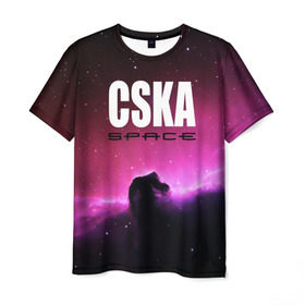 Мужская футболка 3D с принтом CSKA space в городе Новоалтайск, 100% полиэфир | прямой крой, круглый вырез горловины, длина до линии бедер | Тематика изображения на принте: cska | конь | космос | красно синие | на макете изображена космическая туманность в виде коня   символа пфк цска.цска | премьер лига | футбол | чемпион