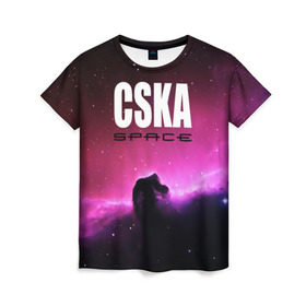 Женская футболка 3D с принтом CSKA space в городе Новоалтайск, 100% полиэфир ( синтетическое хлопкоподобное полотно) | прямой крой, круглый вырез горловины, длина до линии бедер | cska | конь | космос | красно синие | на макете изображена космическая туманность в виде коня   символа пфк цска.цска | премьер лига | футбол | чемпион