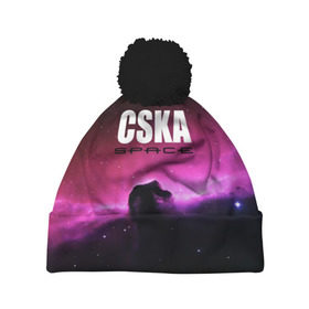 Шапка 3D c помпоном с принтом CSKA space в городе Новоалтайск, 100% полиэстер | универсальный размер, печать по всей поверхности изделия | Тематика изображения на принте: cska | конь | космос | красно синие | на макете изображена космическая туманность в виде коня   символа пфк цска.цска | премьер лига | футбол | чемпион