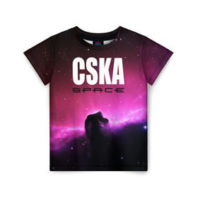Детская футболка 3D с принтом CSKA space в городе Новоалтайск, 100% гипоаллергенный полиэфир | прямой крой, круглый вырез горловины, длина до линии бедер, чуть спущенное плечо, ткань немного тянется | Тематика изображения на принте: cska | конь | космос | красно синие | на макете изображена космическая туманность в виде коня   символа пфк цска.цска | премьер лига | футбол | чемпион