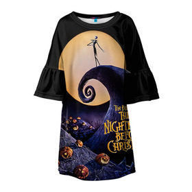 Детское платье 3D с принтом nightmare before christmas в городе Новоалтайск, 100% полиэстер | прямой силуэт, чуть расширенный к низу. Круглая горловина, на рукавах — воланы | Тематика изображения на принте: helloween | бертон | бугимен | бугимэн | вампиры | джек скелингтон | доктор филькельштейн | корыто | крыто | кукла | повелитель тыкв | рождество | сhristmas | салли | тим | тим бертон | тыква | хеллоуин | шито