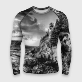 Мужской рашгард 3D с принтом Маяк в городе Новоалтайск,  |  | black   white | forest | lighthouse | photo | rocks | sea | shore | spruce | sunset | waves | берег | волны | ельник | закат | камни | лес | маяк | море