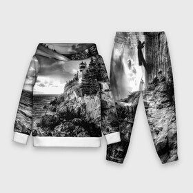 Детский костюм 3D (с толстовкой) с принтом Маяк в городе Новоалтайск,  |  | black   white | forest | lighthouse | photo | rocks | sea | shore | spruce | sunset | waves | берег | волны | ельник | закат | камни | лес | маяк | море