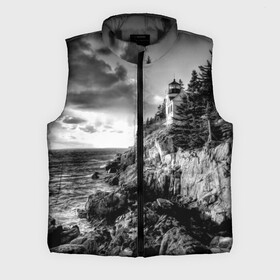 Мужской жилет утепленный 3D с принтом Маяк в городе Новоалтайск,  |  | black   white | forest | lighthouse | photo | rocks | sea | shore | spruce | sunset | waves | берег | волны | ельник | закат | камни | лес | маяк | море