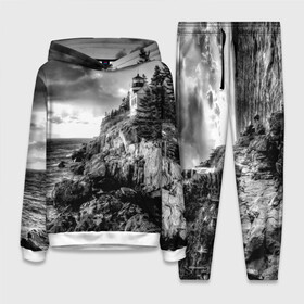 Женский костюм 3D (с толстовкой) с принтом Маяк в городе Новоалтайск,  |  | black   white | forest | lighthouse | photo | rocks | sea | shore | spruce | sunset | waves | берег | волны | ельник | закат | камни | лес | маяк | море