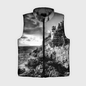 Женский жилет утепленный 3D с принтом Маяк в городе Новоалтайск,  |  | black   white | forest | lighthouse | photo | rocks | sea | shore | spruce | sunset | waves | берег | волны | ельник | закат | камни | лес | маяк | море