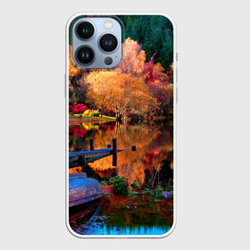 Чехол для iPhone 13 Pro Max с принтом Осень в городе Новоалтайск,  |  | Тематика изображения на принте: autumn | boat | bright | colors | forest | paint | river | trees | деревья | краски | лес | лодка | осень | река | цвета | яркие
