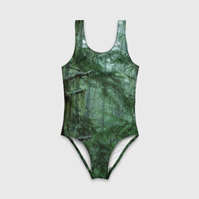 Детский купальник 3D с принтом Дремучий лес в городе Новоалтайск, Полиэстер 85%, Спандекс 15% | Слитный крой, подклад по переду изделия, узкие бретели | camouflage | dense | fog | forest | spruce | tree | дремучий | ёлка | ельник | камуфляж | лес | маскировка | туман