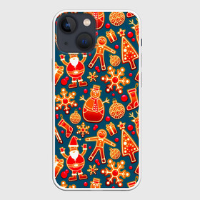 Чехол для iPhone 13 mini с принтом Рождество в городе Новоалтайск,  |  | Тематика изображения на принте: колокольчик | олень | паттерн | свеча | снежинка | фон | шарик
