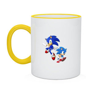 Кружка двухцветная с принтом Sonic (Соник) в городе Новоалтайск, керамика | объем — 330 мл, диаметр — 80 мм. Цветная ручка и кайма сверху, в некоторых цветах — вся внутренняя часть | Тематика изображения на принте: retro | sega | sonic