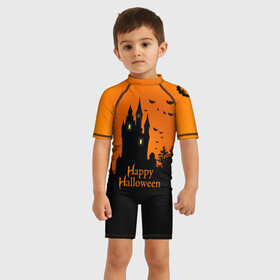 Детский купальный костюм 3D с принтом Halloween в городе Новоалтайск, Полиэстер 85%, Спандекс 15% | застежка на молнии на спине | cat | dark | halloween | вамп | вампир | ведьма | готика | кот | кошка | магия | ночь | тыква | хэллоуин