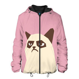 Мужская куртка 3D с принтом Grumpy cat pink в городе Новоалтайск, ткань верха — 100% полиэстер, подклад — флис | прямой крой, подол и капюшон оформлены резинкой с фиксаторами, два кармана без застежек по бокам, один большой потайной карман на груди. Карман на груди застегивается на липучку | кот | мем | угрюмый