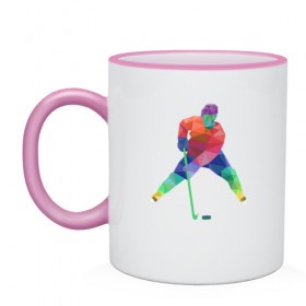 Кружка двухцветная с принтом Хоккеист в городе Новоалтайск, керамика | объем — 330 мл, диаметр — 80 мм. Цветная ручка и кайма сверху, в некоторых цветах — вся внутренняя часть | геометрия | клюшка | полигонал | хл | хоккеист | шайба