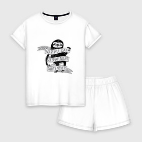 Женская пижама с шортиками хлопок с принтом ленивец в городе Новоалтайск, 100% хлопок | футболка прямого кроя, шорты свободные с широкой мягкой резинкой | ленивец | лень | сон