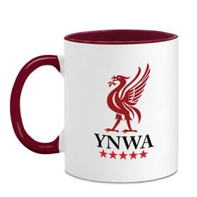 Кружка двухцветная с принтом YNWA в городе Новоалтайск, керамика | объем — 330 мл, диаметр — 80 мм. Цветная ручка и кайма сверху, в некоторых цветах — вся внутренняя часть | Тематика изображения на принте: ynwa | ливерпуль