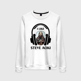 Женский свитшот хлопок с принтом I like Steve Aoki в городе Новоалтайск, 100% хлопок | прямой крой, круглый вырез, на манжетах и по низу широкая трикотажная резинка  | beatport | club | dim mak | dj | edm | electro | house | i like | music | production | radio | steve aoki | techno | top | trance | дискотека | звезда | клуб | любимчик | мне нравится | музыка | музыкант | наушники | продюссер | радио | фестиваль